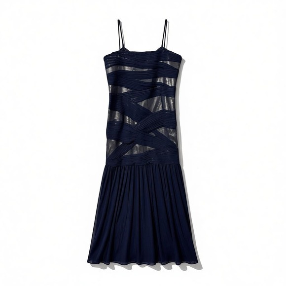 Tadashi Shoji Women Evening Gown 14 Navy Silver Silk Sequin Pleated Formal Event - Picture 2 of 5